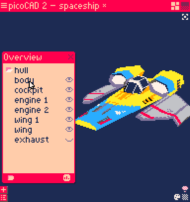 A spaceship that is built by many parts. In the gif we can see how to hide or show them.