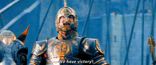 A gif from the Lord of the Rings trilogy. Theoden, king of Rohan, waves his sword and says "We have victory!"