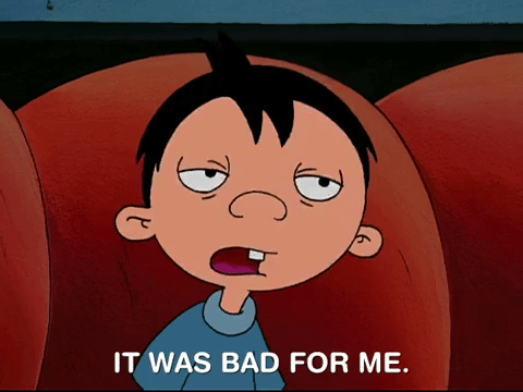 A cartoon boy with black hair and a blue shirt saying, "It was bad for me."