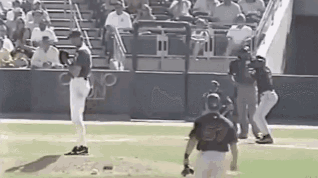 A pitcher throws a baseball and hits a bird, which explodes as it flies in front of the batter