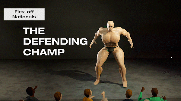 An impossible man flexes his impossible muscles to a roaring crowd. Text on screen says "The defending champ" followed by "Gains 100"