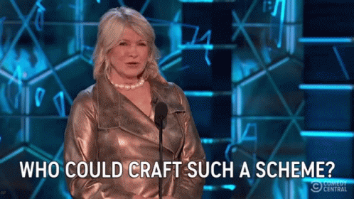 A woman on stage with the caption "who could craft such a scheme?"